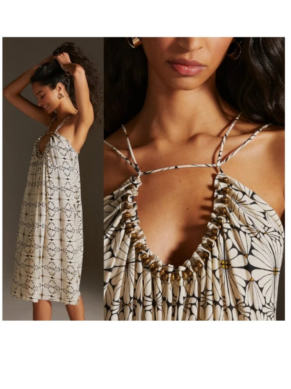 Anthropologie Parrott Paints Midi Dress S Boho Floral Beaded Strappy Knee Length